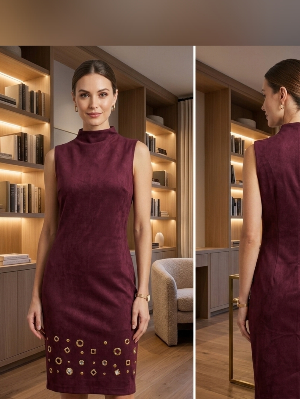 VENUS Sleeveless Sheath Midi Dress in Burgundy with Metallic Studs